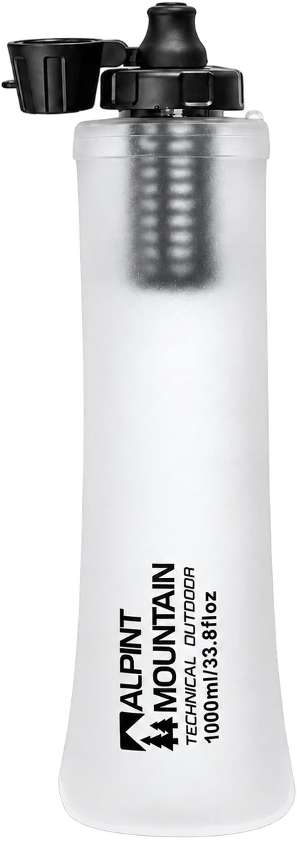 ALPINT MOUNTAIN translucent white 1L collapsible filter bottle with black cap and drinking nozzle