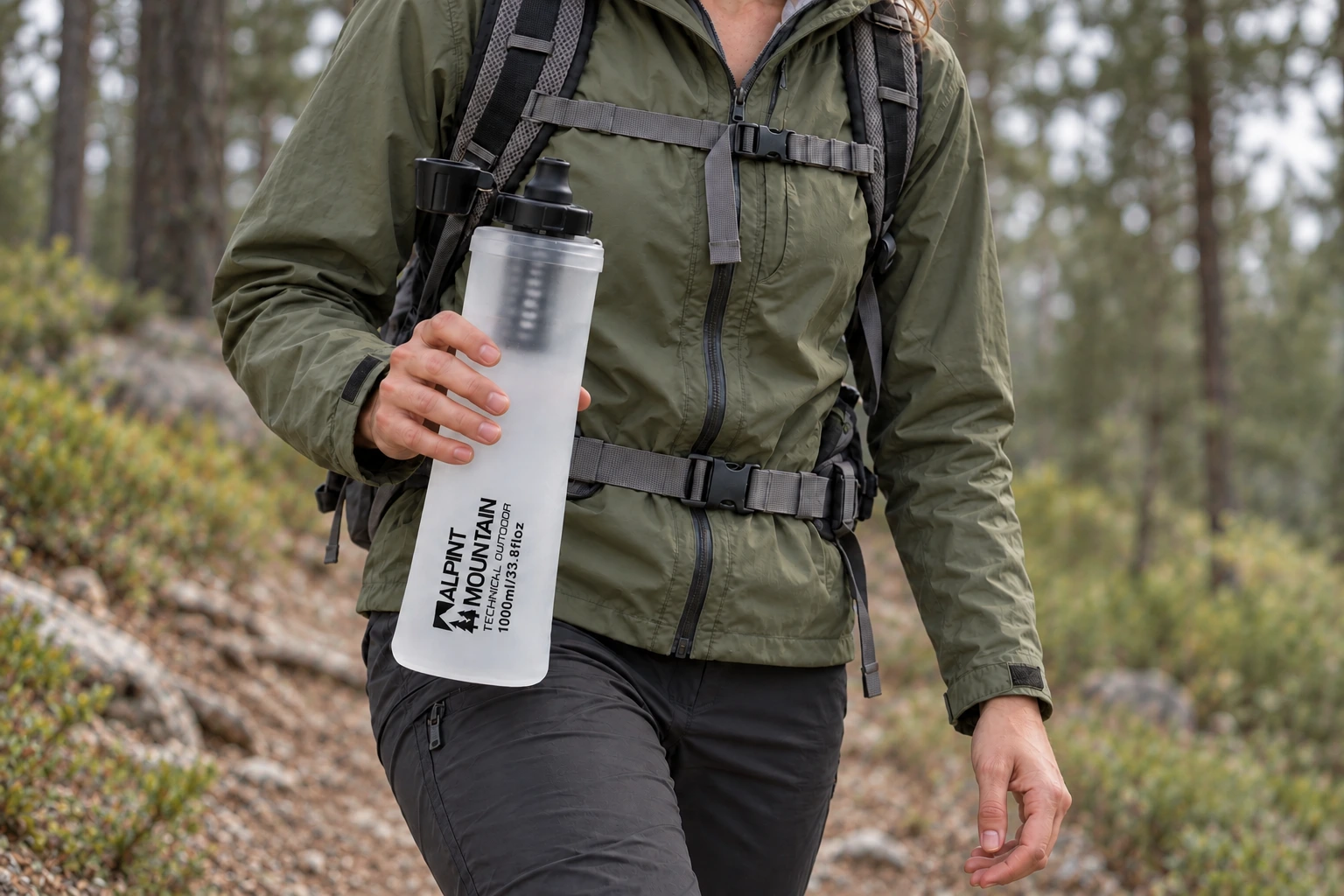 Illustrative outdoor handling scene showing the complete ALPINT MOUNTAIN The Filter Bottle