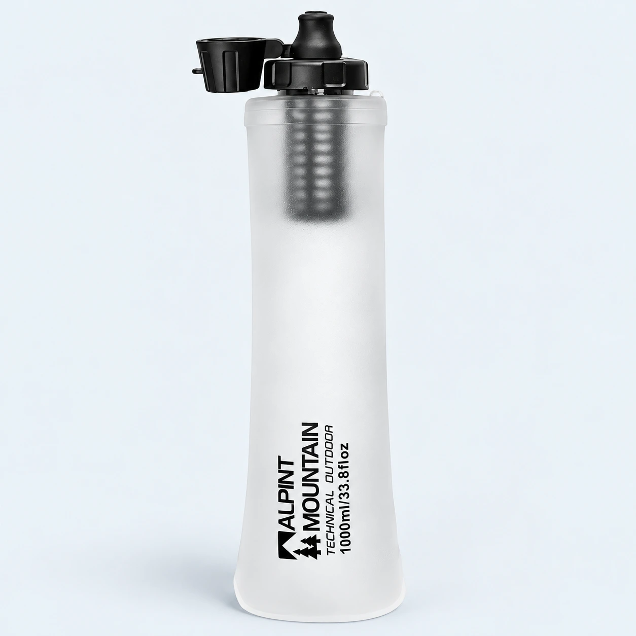 ALPINT MOUNTAIN translucent white 1L collapsible filter bottle with black cap and drinking nozzle