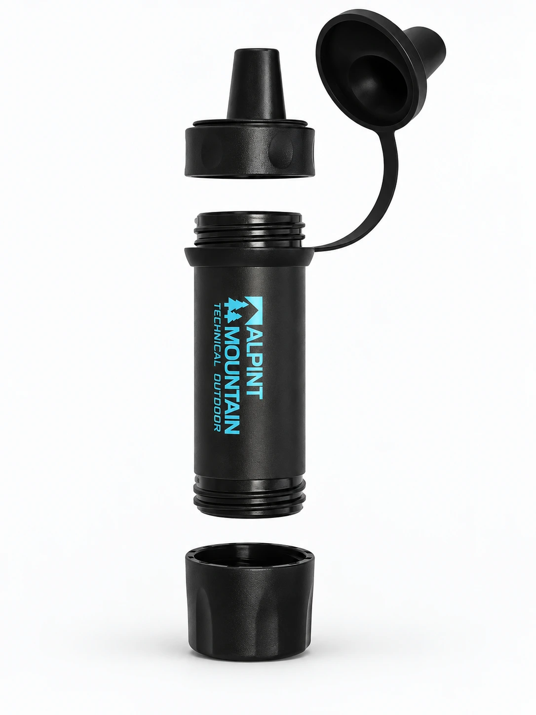Exterior illustration of the black ALPINT MOUNTAIN filter with its mouthpiece, tethered cap, opaque body and lower cap separated for viewing