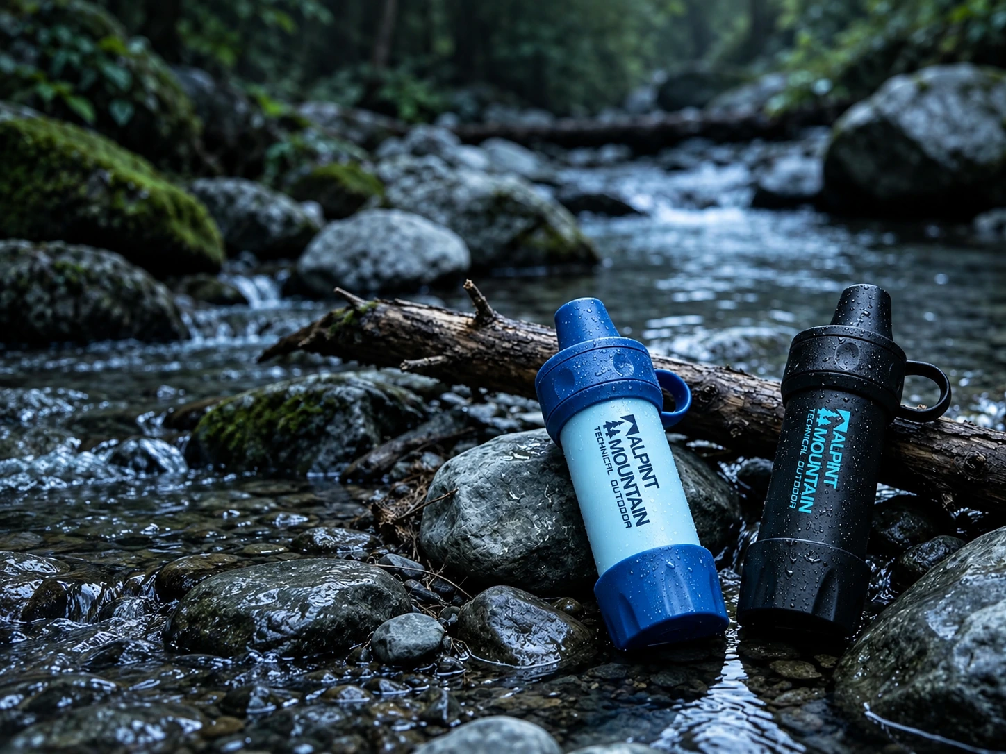 Compact ALPINT MOUNTAIN filters in black and blue beside a woodland stream; outdoor campaign image