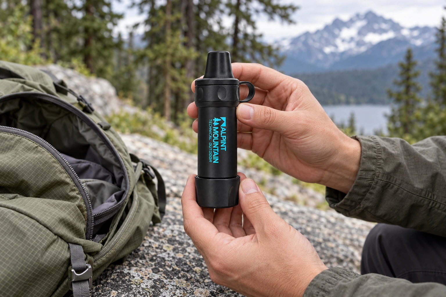 ALPINT MOUNTAIN campaign scene of a hiker checking the compact black Filter Straw beside an open hiking pack