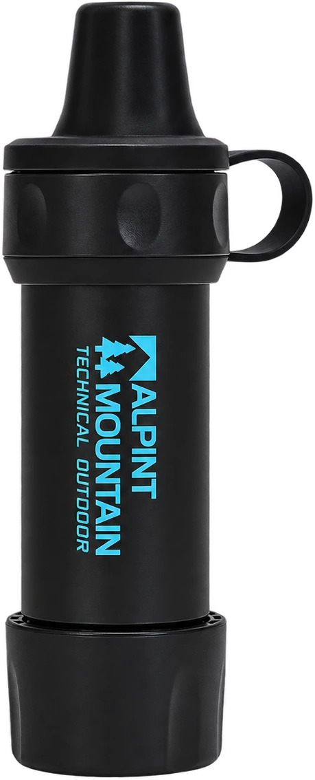 ALPINT MOUNTAIN compact black personal filter with cyan branding, removable end fittings and a tethered protective cap