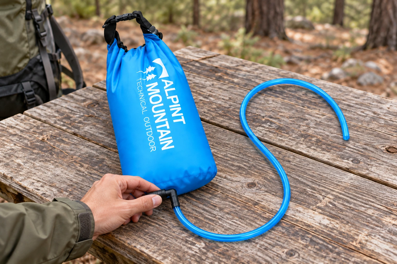 Illustrative ALPINT MOUNTAIN preparation scene of hands checking the reservoir outlet and blue connecting tube