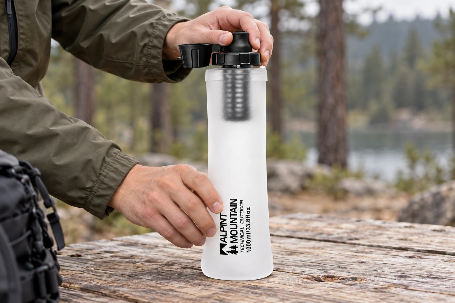 Illustrative ALPINT MOUNTAIN preparation scene of hands checking the 1L bottle cap and drinking assembly
